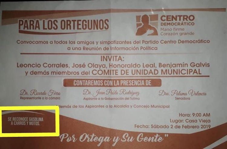 Centro Democrático ofrece gasolina en Ortega