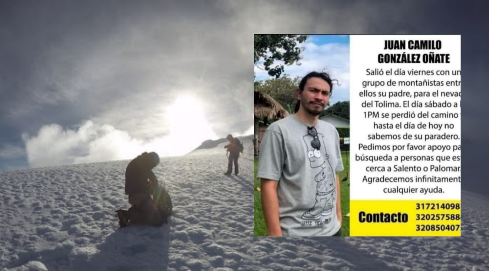 Intensifican búsqueda de joven desaparecido en el Nevado del Tolima